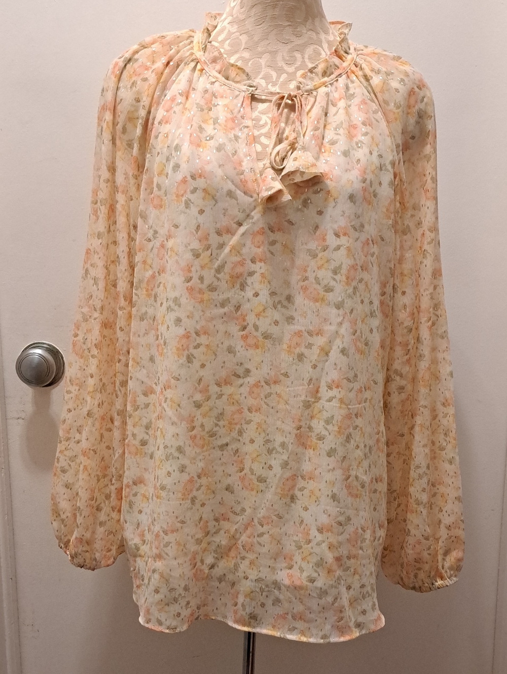 Sheer Floral Tie-Neck Blouse in Peach